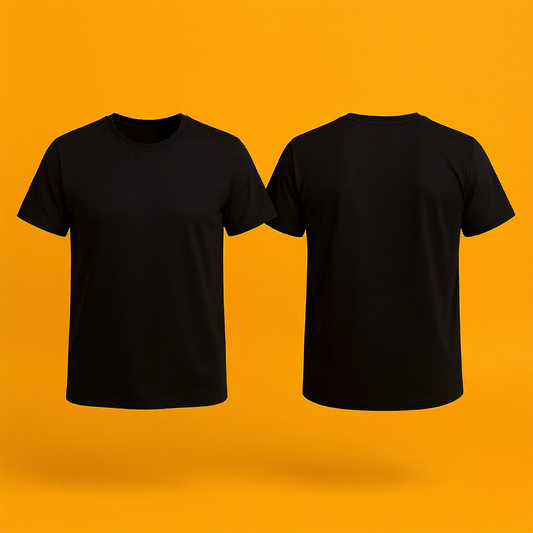 Schwarzes personalisiertes T-Shirt Damen Vorder- und Rückansicht auf orangefarbenem Hintergrund