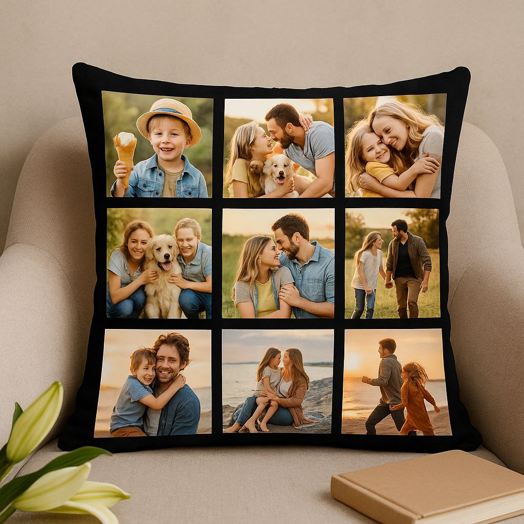 Schwarzer personalisierter Kissenbezug mit Foto-Collage aus neun Familienbildern für das Wohnzimmer