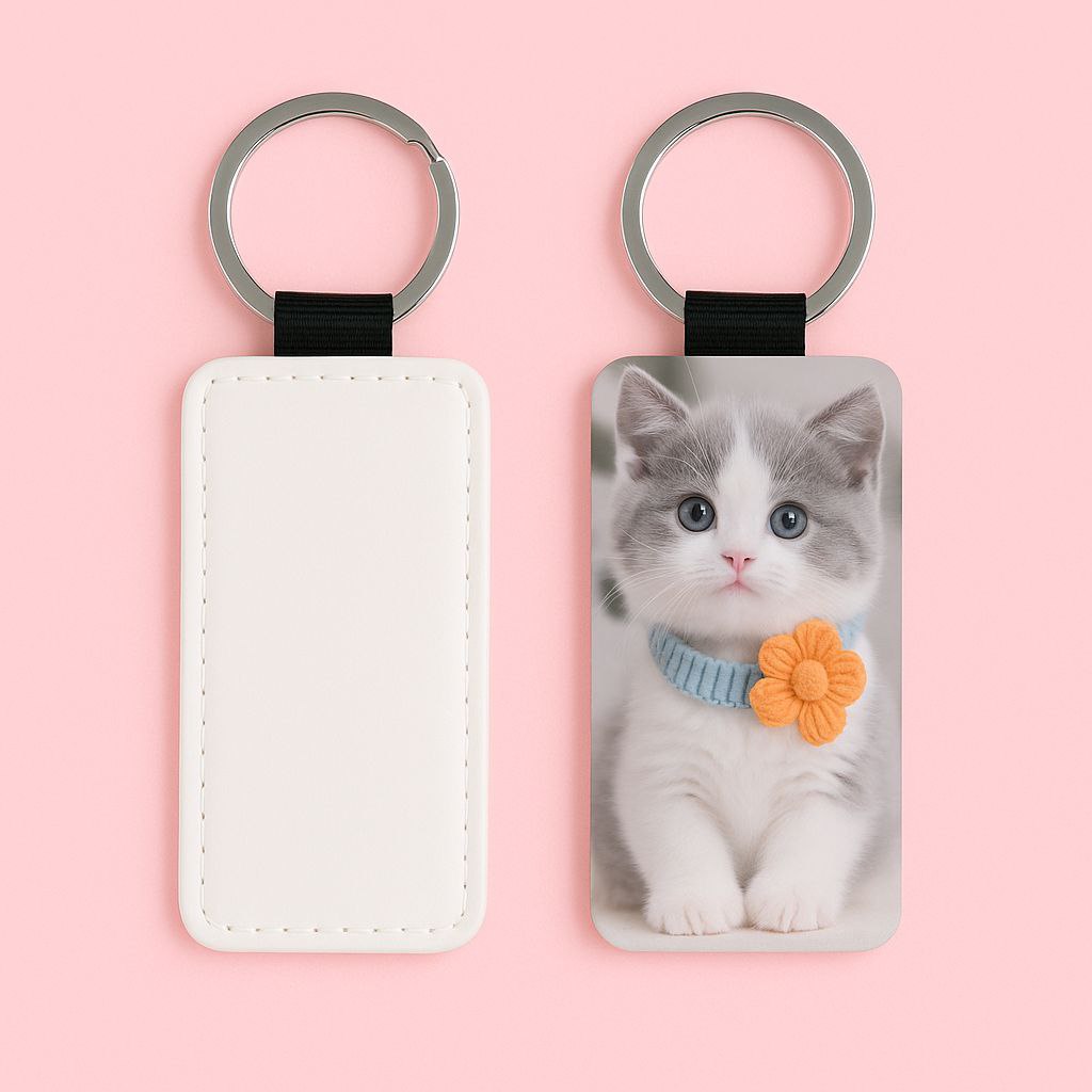 Personalisierter Schlüsselanhänger mit Foto einer süßen Katze und orangener Blume am Halsband