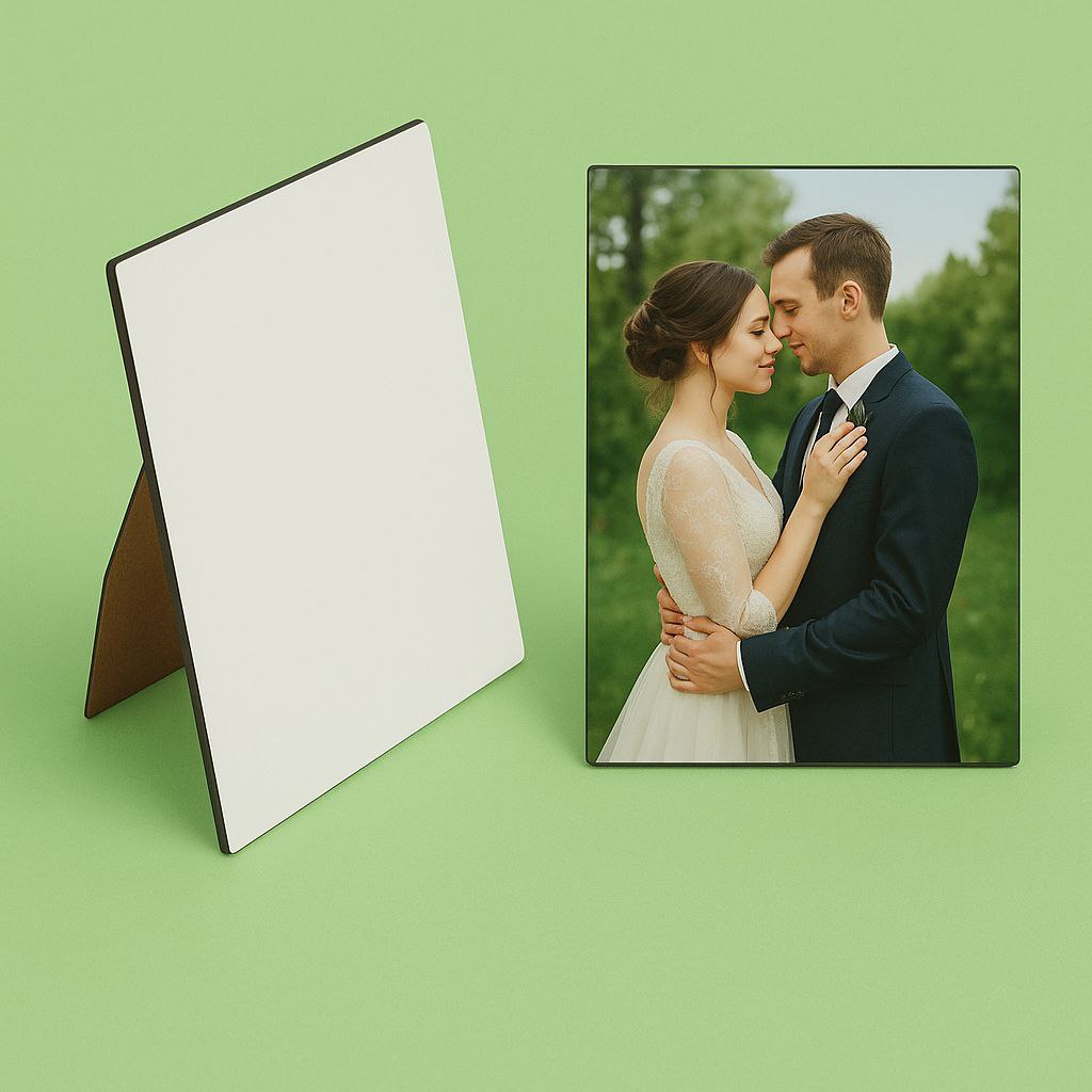 Personalisiert personalisierter Fotorahmen mit Hochzeitsfoto und stabilem Aufsteller in Buntheit