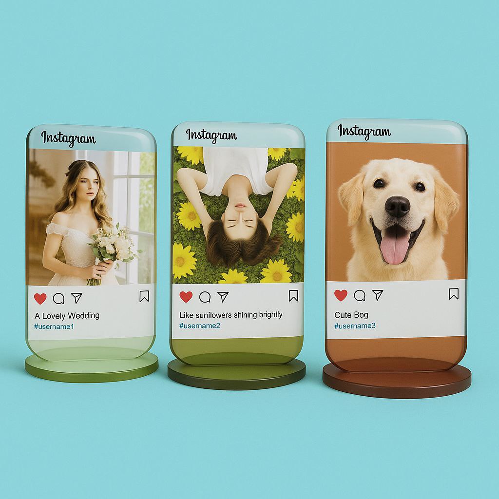 Personalisiertes Acrylglasbild mit deinem Design auf unterschiedlich farbigen Ständern
