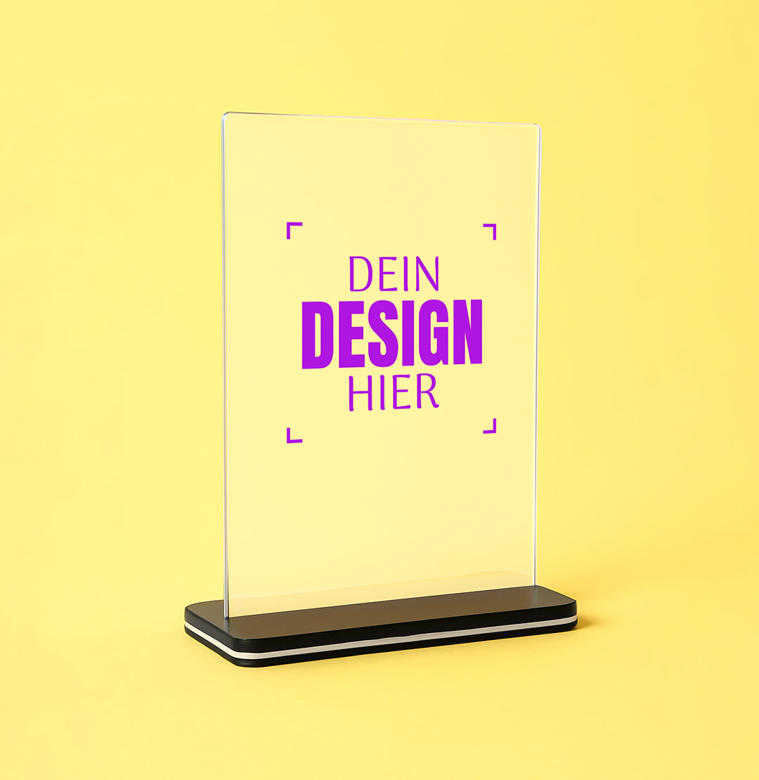 Buntheit A6 Tischaufsteller Acryl mit schwarzem Sockel