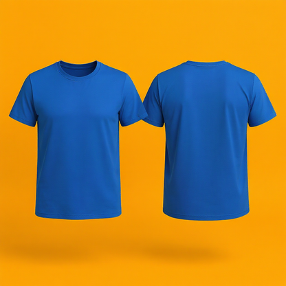 Klassisches blaues personalisiertes T-Shirt Damen in Vorder- und Rückansicht auf orangem Hintergrund
