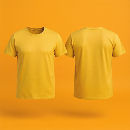 Gelbes personalisiertes T-Shirt Damen von vorne und hinten auf orange Hintergrund