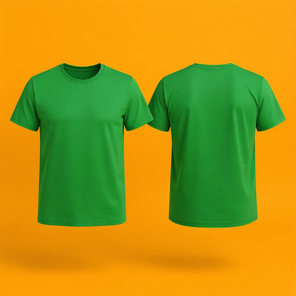 Grünes personalisiertes T-Shirt Damen in Front- und Rückansicht auf orangefarbigem Hintergrund