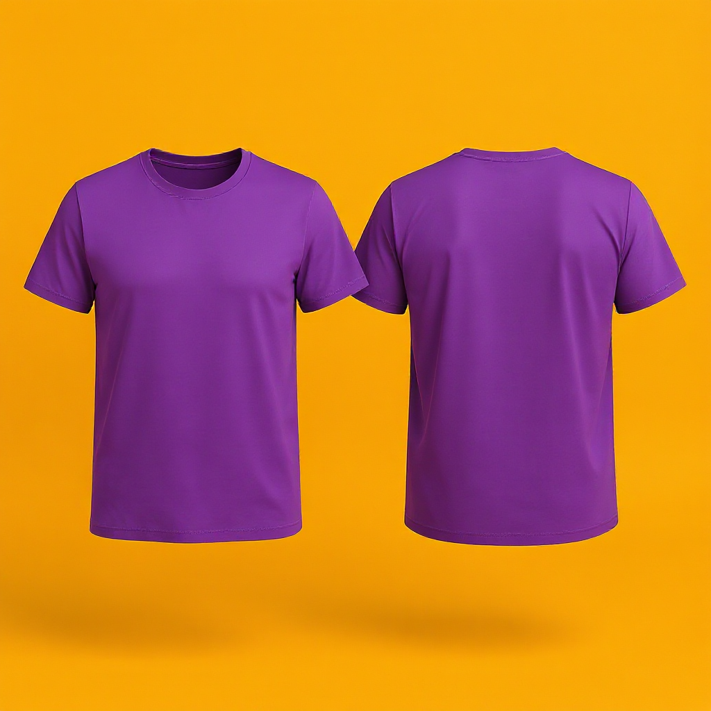 Lila personalisiertes T-Shirt Damen in Vorder- und Rückansicht auf orangefarbenem Hintergrund