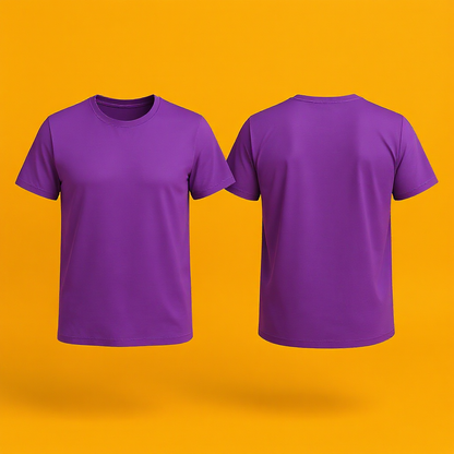 Lila personalisiertes T-Shirt Damen in Vorder- und Rückansicht auf orangefarbenem Hintergrund