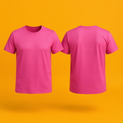 Pink personalisiertes T-Shirt Damen in Vorder- und Rückansicht auf orangem Hintergrund