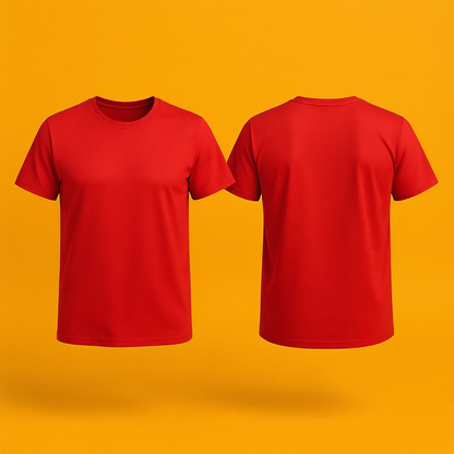Rotes personalisiertes T-Shirt Damen in Vorder- und Rückansicht vor orangefarbenem Hintergrund