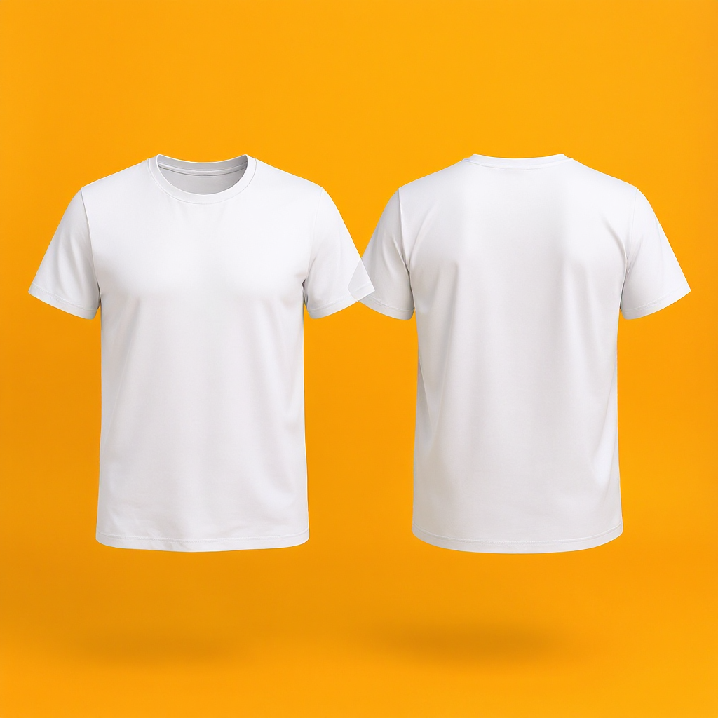 Weißes personalisiertes T-Shirt Damen in Vorder- und Rückansicht vor orangefarbenem Hintergrund