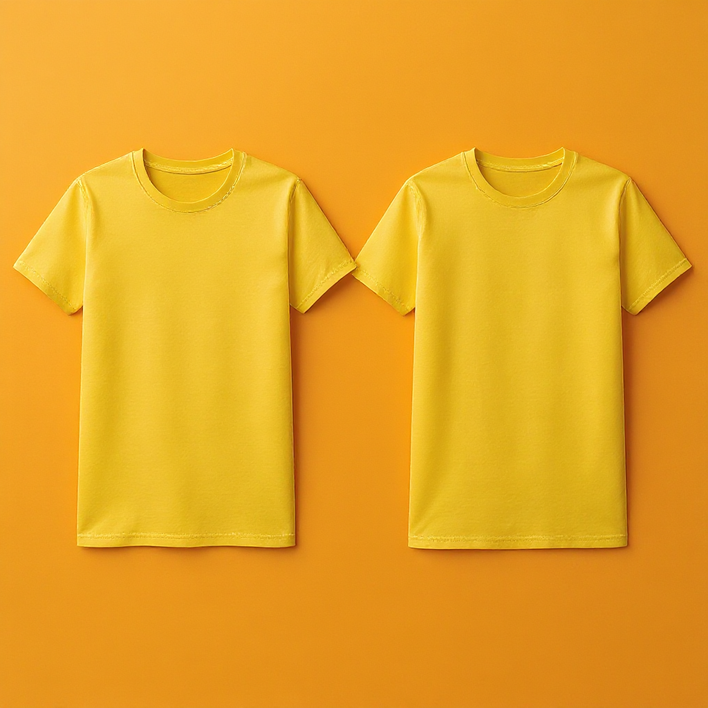 Zwei gelbe personalisierte T-Shirt Herren auf orangefarbenem Hintergrund mit Rundhalsausschnitt