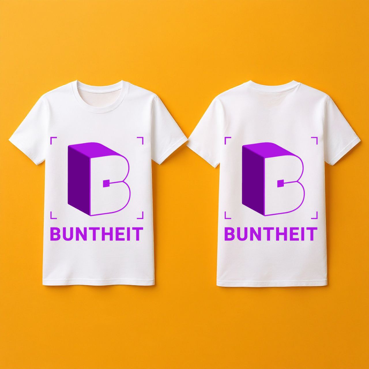 Weißes personalisiertes T-Shirt Herren mit lila Buntheit Logo auf Vorder- und Rückseite