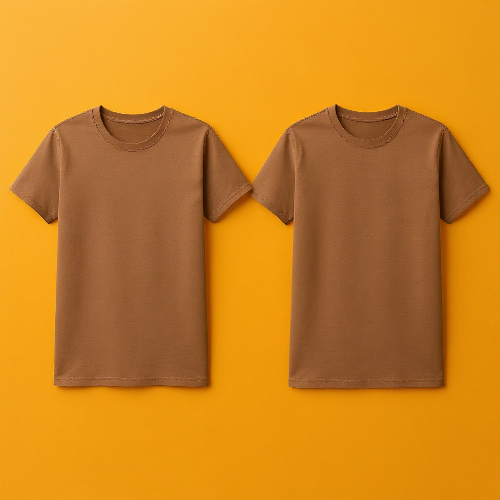 Zwei braune personalisierte T-Shirt Herren ohne Aufdruck auf orangefarbenem Hintergrund