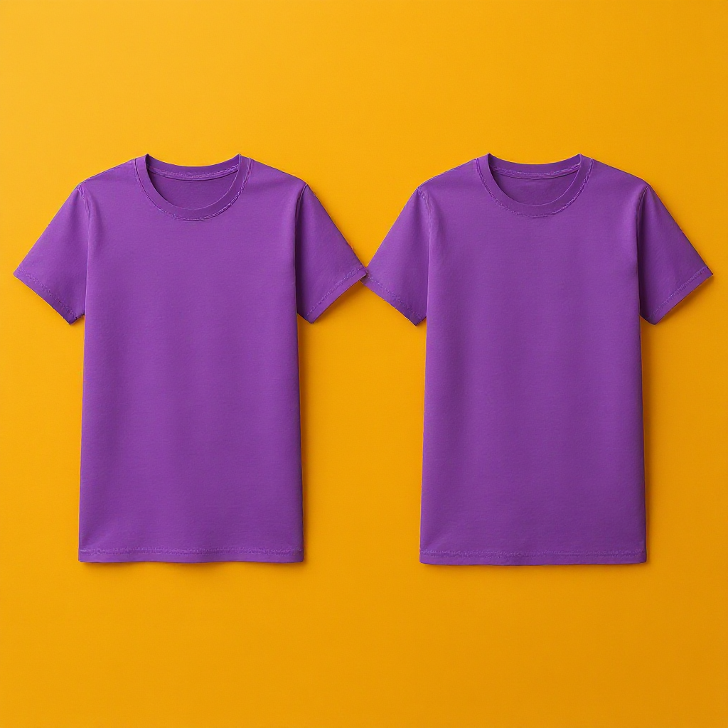 Zwei lila personalisierte T-Shirts Herren aus Baumwolle auf orange Hintergrund von Mein Shop