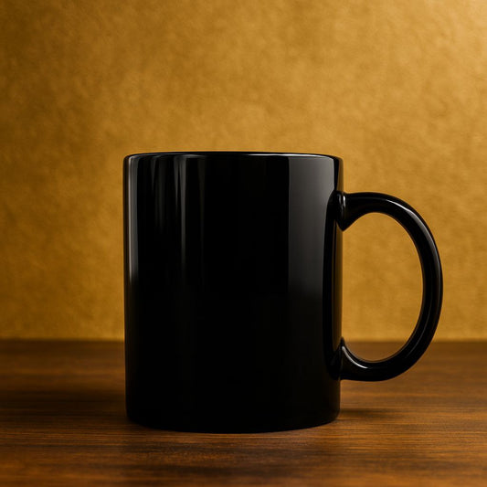 Schwarze magische Tasse personalisiert mit glänzender Oberfläche auf Holzuntergrund vor goldenem Hintergrund