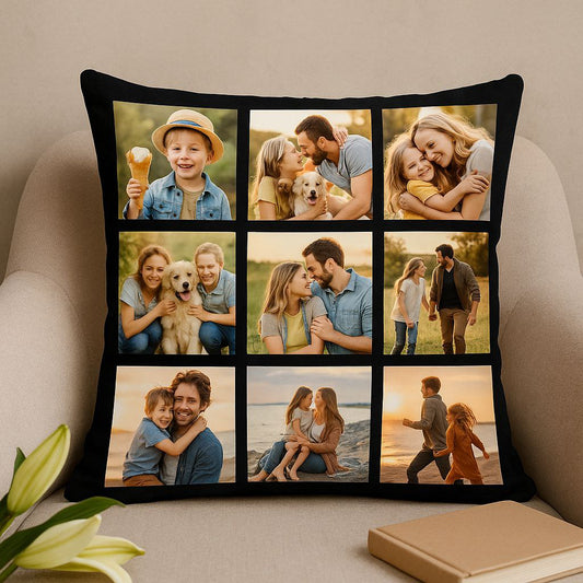 Schwarzer personalisierter Kissenbezug mit Foto-Collage aus neun Familienbildern für das Wohnzimmer