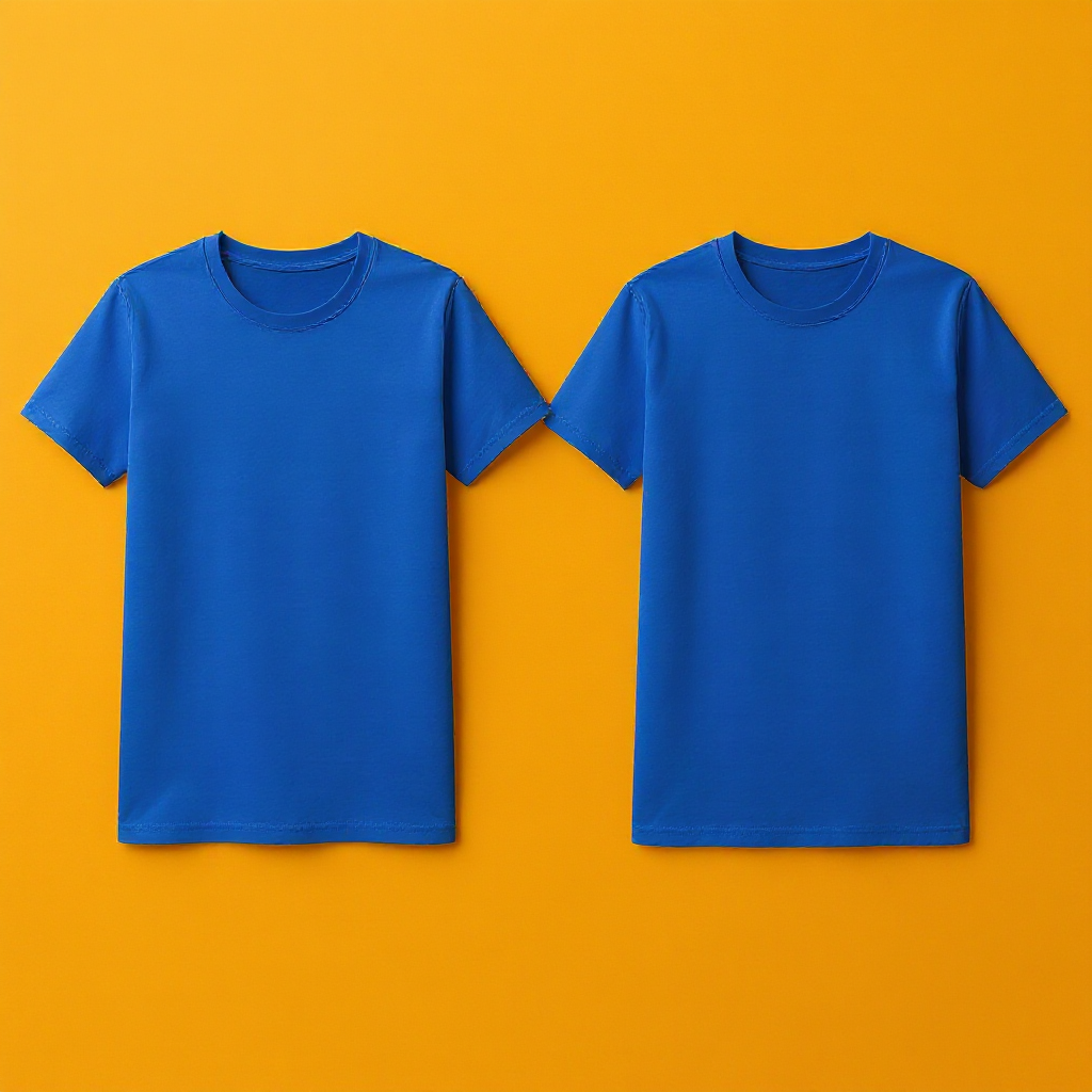 Zwei blaue personalisierte T-Shirt Herren auf orangem Hintergrund in schlichtem Design