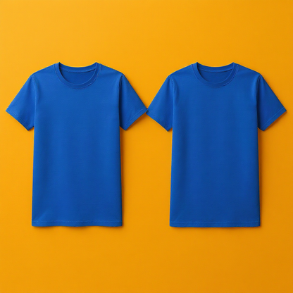 Zwei blaue personalisierte T-Shirt Herren auf orangem Hintergrund in schlichtem Design