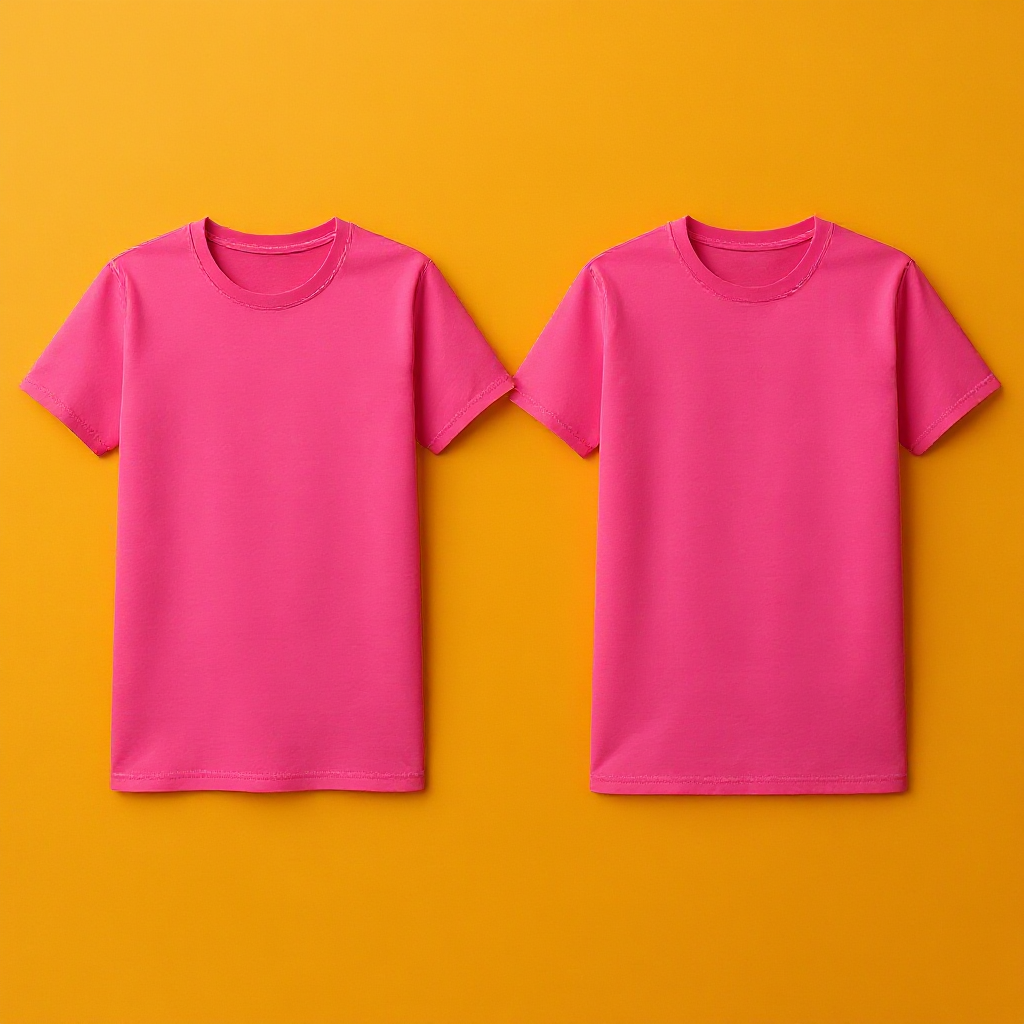 Zwei pinke personalisierte T-Shirt Herren auf orangefarbenem Hintergrund ohne Aufdruck