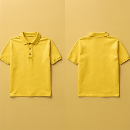 Gelbes Poloshirt selbst gestalten mit Knopfleiste und kurzen Ärmeln von Buntheit Werbeagentur