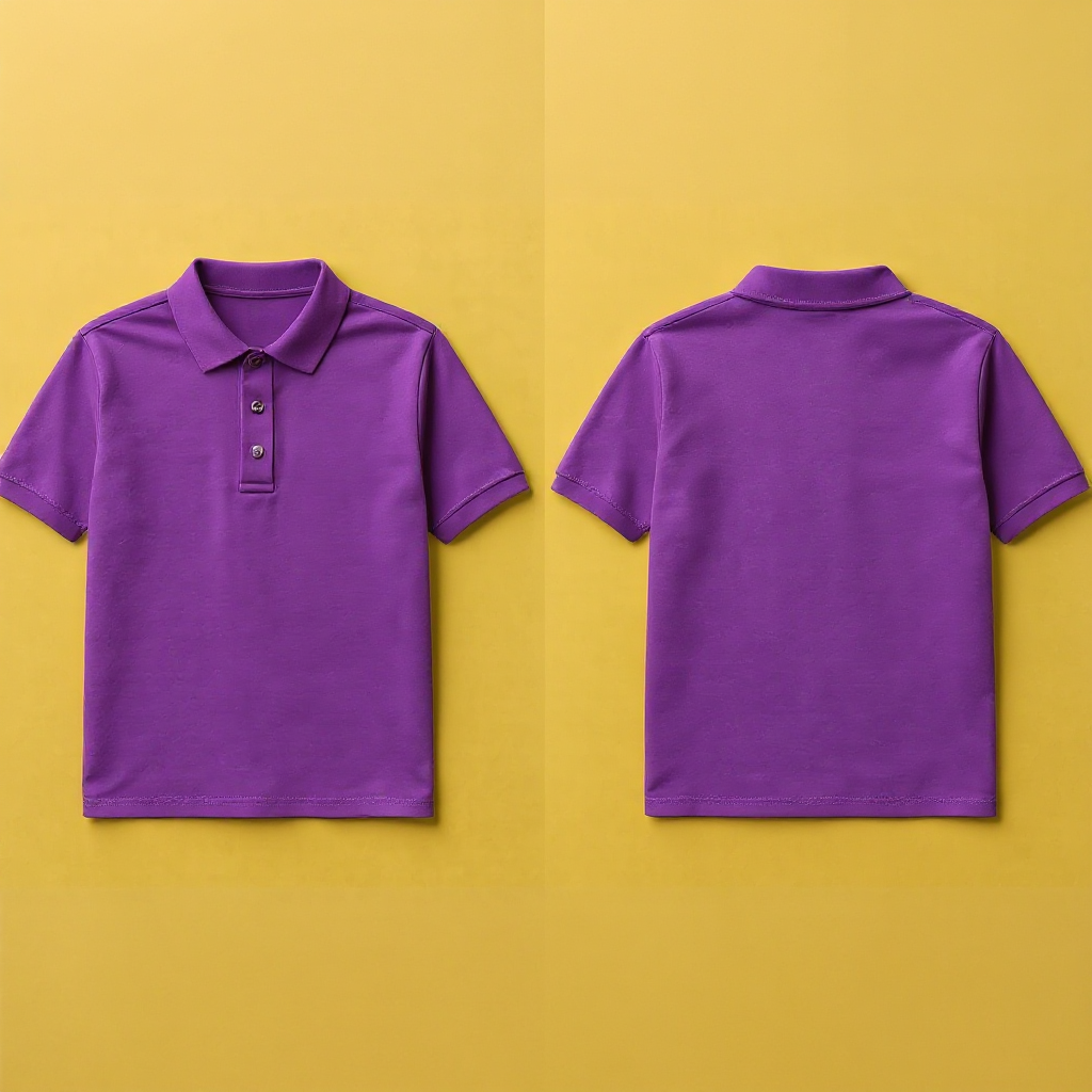 Lila Poloshirt von vorne und hinten auf gelbem Hintergrund für Poloshirt selbst gestalten