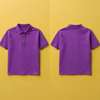 Lila Poloshirt von vorne und hinten auf gelbem Hintergrund für Poloshirt selbst gestalten