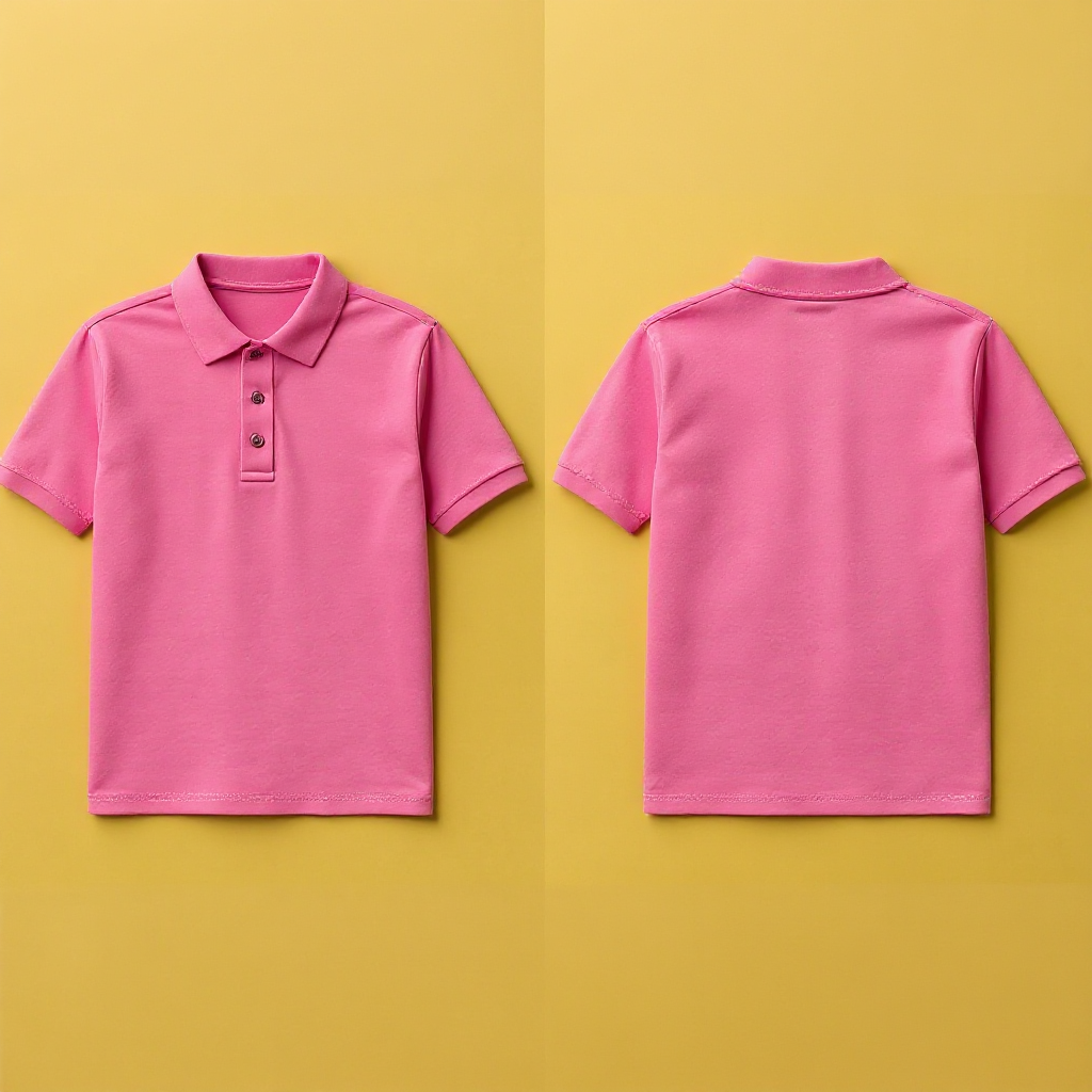 Pinkes Poloshirt von vorne und hinten auf gelbem Hintergrund Poloshirt selbst gestalten