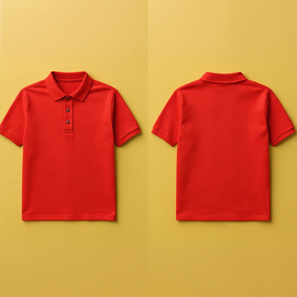 Rotes Poloshirt von vorne und hinten auf gelbem Hintergrund Poloshirt selbst gestalten bei Buntheit Werbeagentur