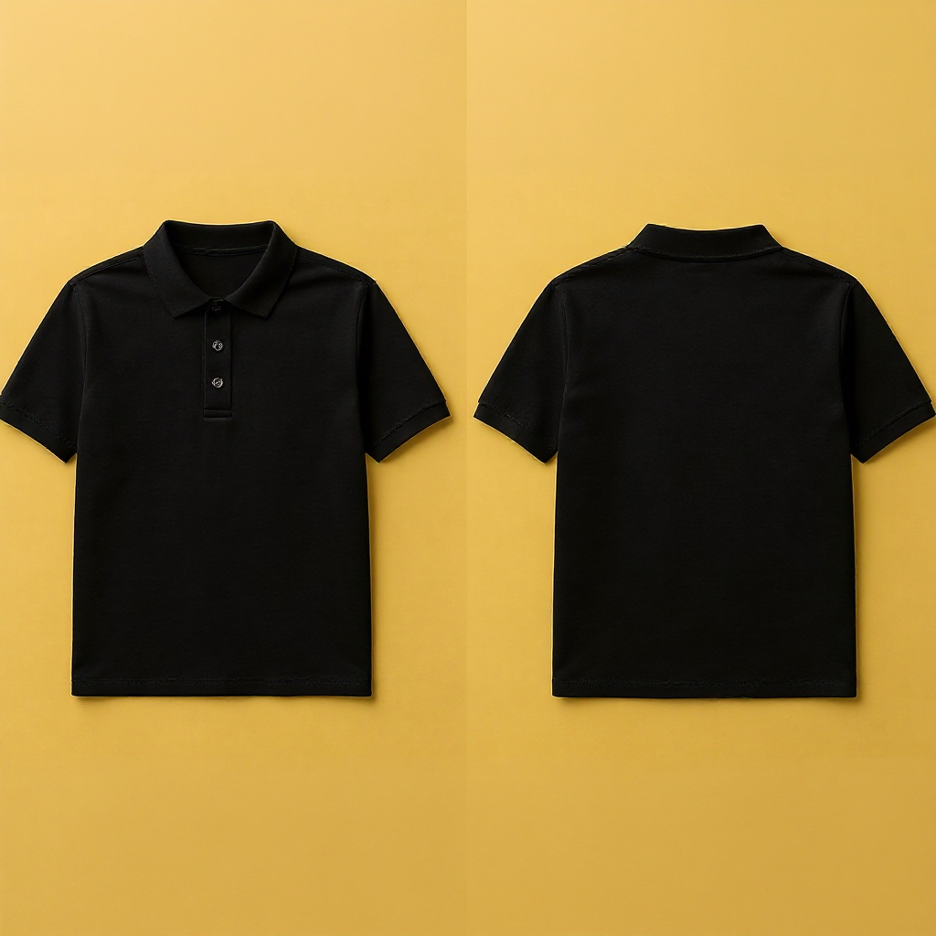 Schwarzes Poloshirt selbst gestalten Vorder- und Rückseite auf gelbem Hintergrund