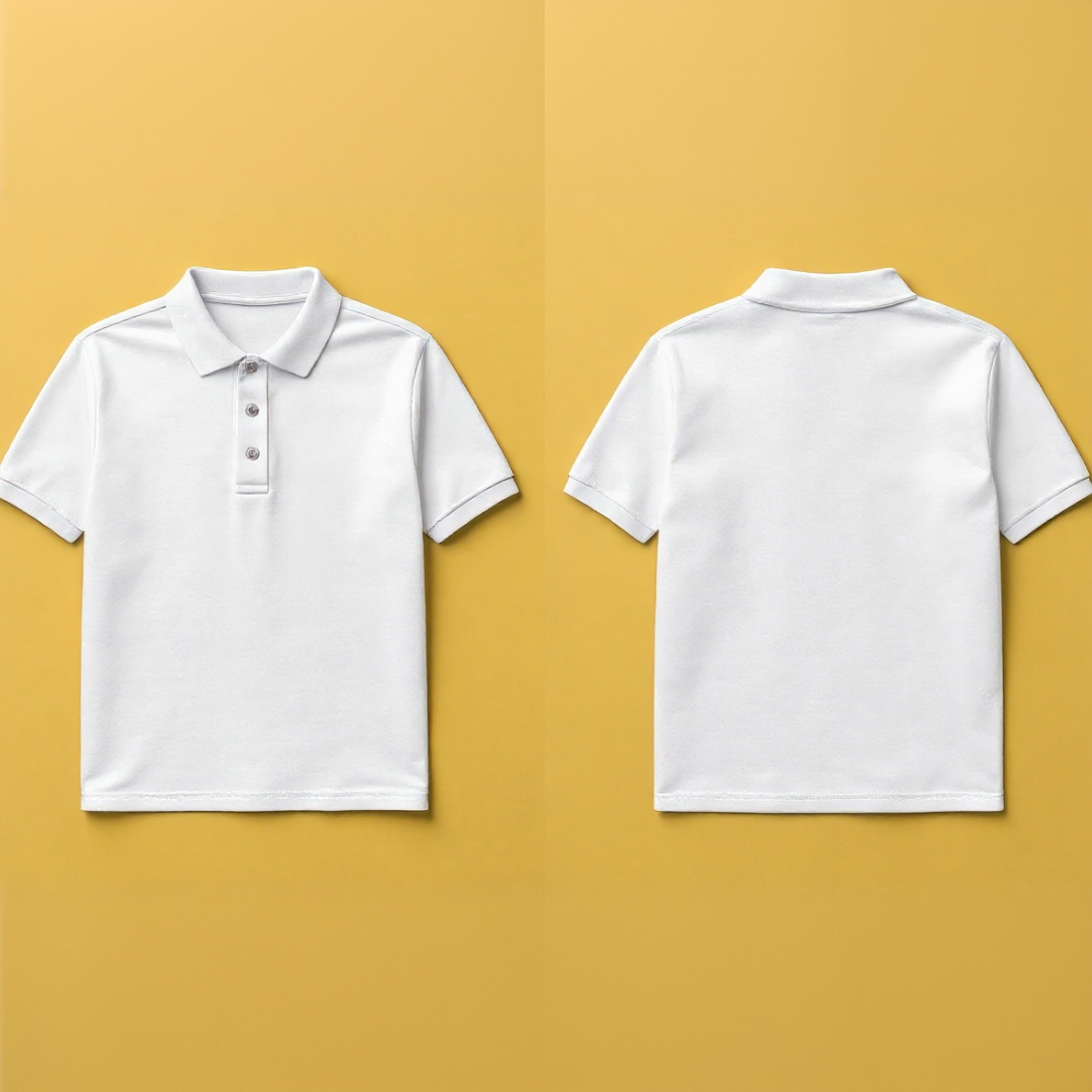 Weißes Poloshirt vorne und hinten auf gelbem Hintergrund zum Poloshirt selbst gestalten