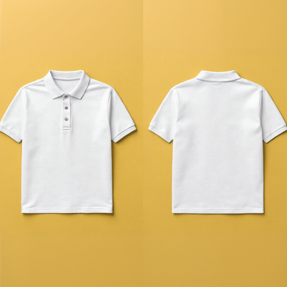 Weißes Poloshirt vorne und hinten auf gelbem Hintergrund zum Poloshirt selbst gestalten