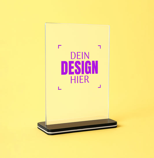 Buntheit A6 Tischaufsteller Acryl mit schwarzem Sockel